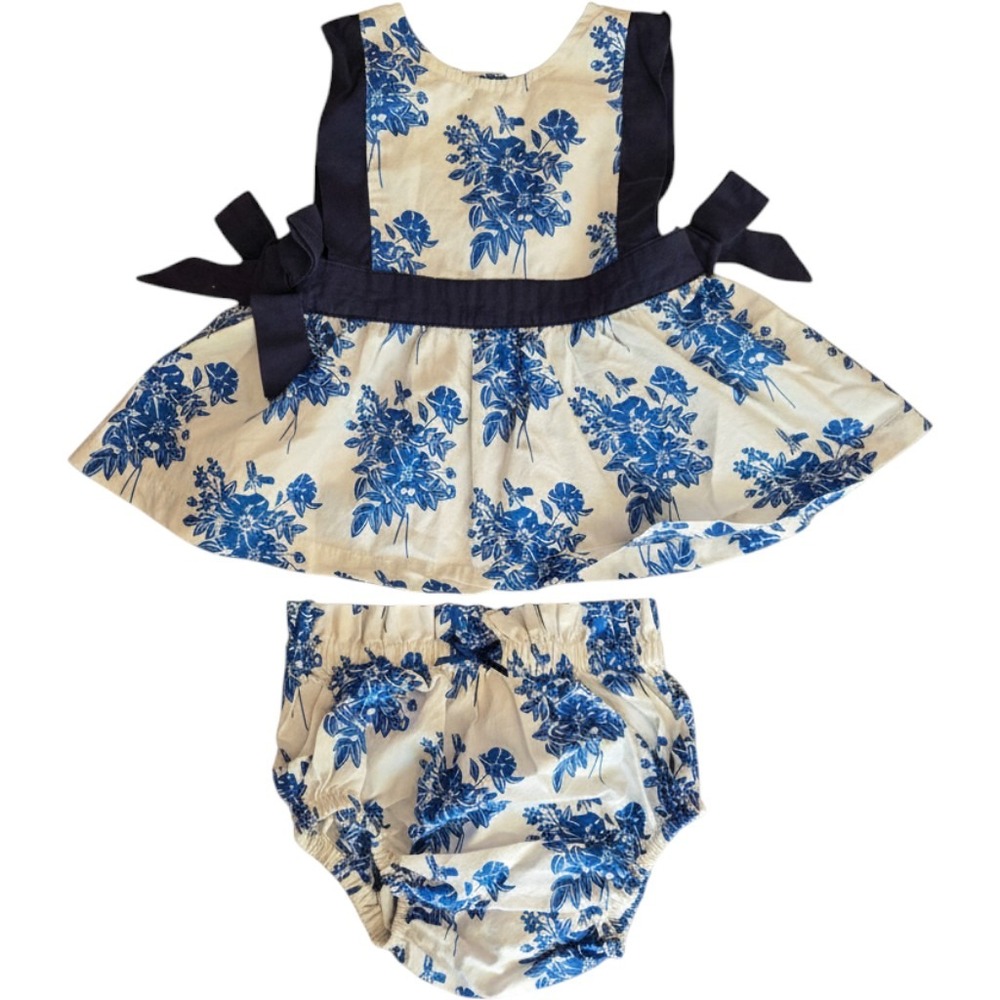 Pink Chicken Blue White Floral Top and Bloomers Set 3/6M Cotton Side Tie